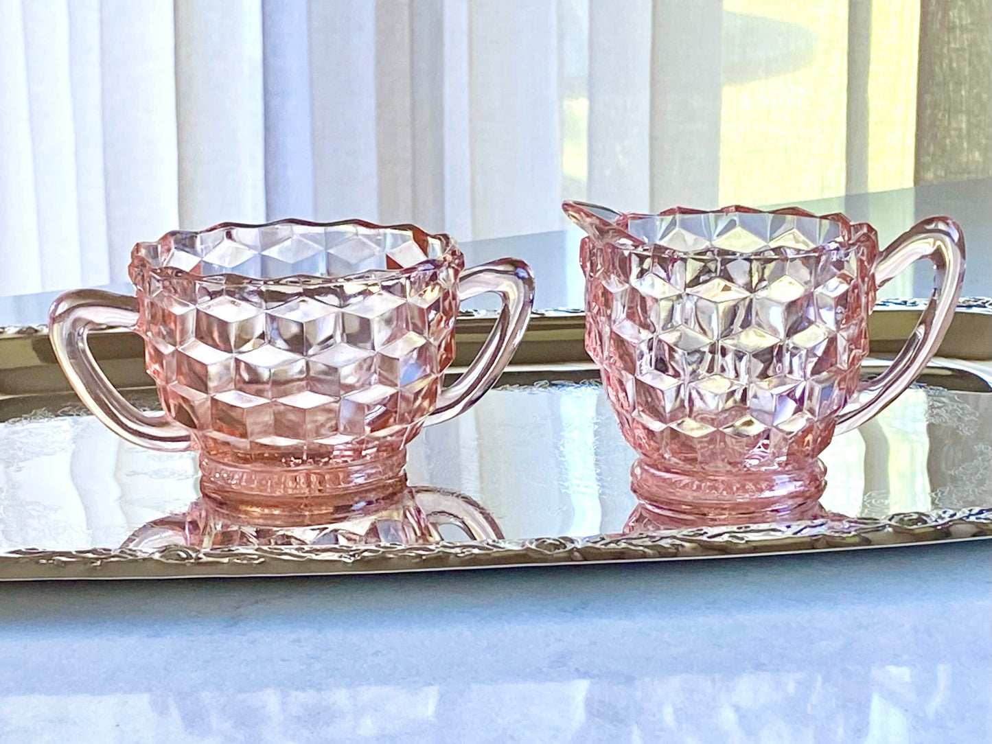 Vintage Jeannette Glass Cube Pink Sugar and Creamer (several available) (circa 1929 - 1933)