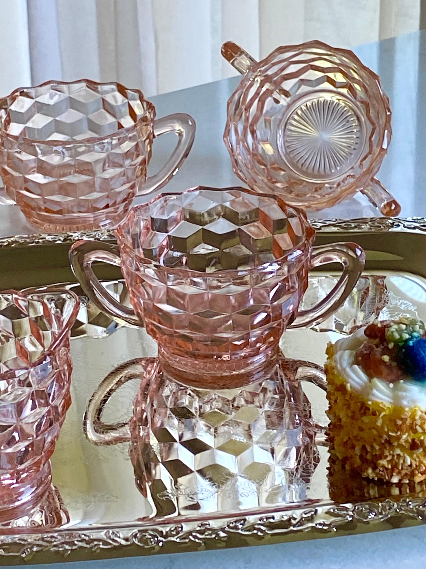 Vintage Jeannette Glass Cube Pink Sugar and Creamer (several available) (circa 1929 - 1933)