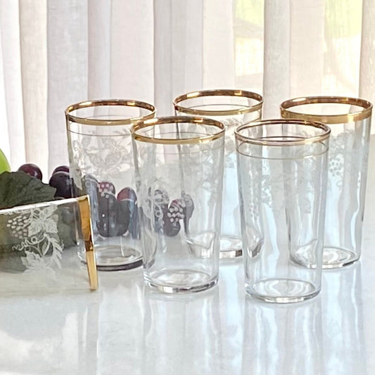 Vintage Bartlett Collins Grape and Vine Gold Trim Glasses - Set of 6