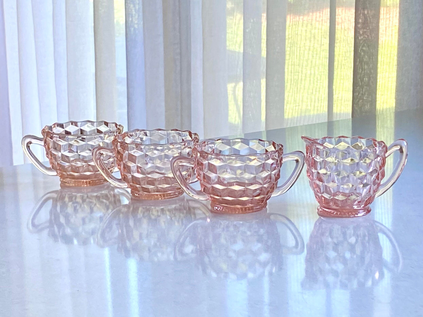 Vintage Jeannette Glass Cube Pink Sugar and Creamer (several available) (circa 1929 - 1933)