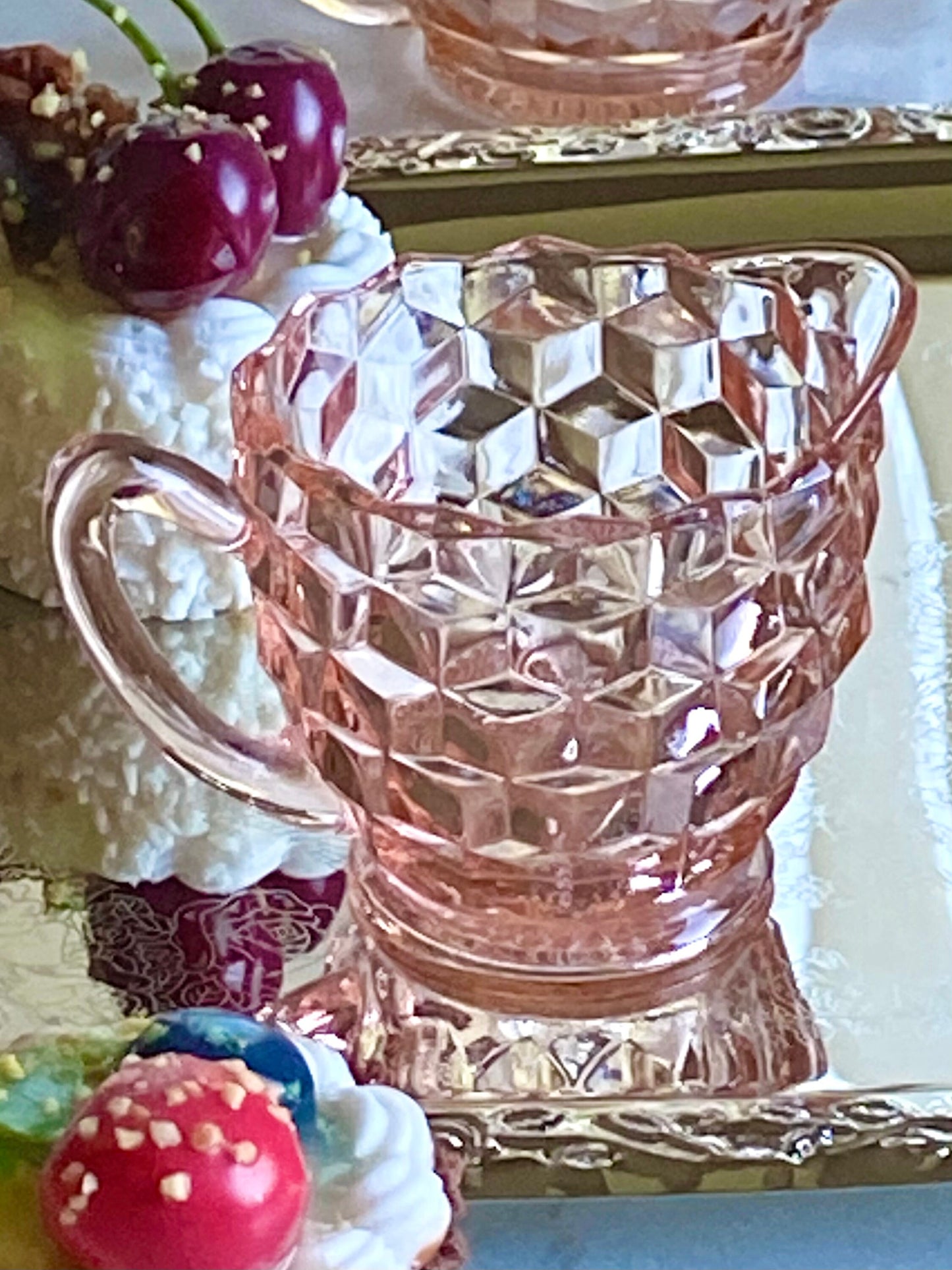 Vintage Jeannette Glass Cube Pink Sugar and Creamer (several available) (circa 1929 - 1933)