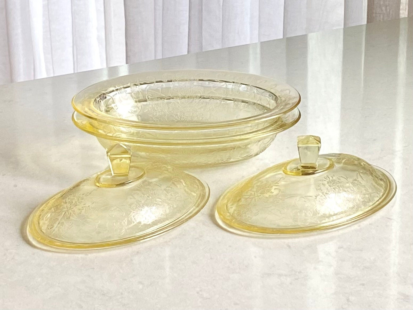 Vintage Hazel Atlas Florentine 2 Yellow Poppy Oval Serving Bowls with Lids (circa 1932 - 1935) - Two Available