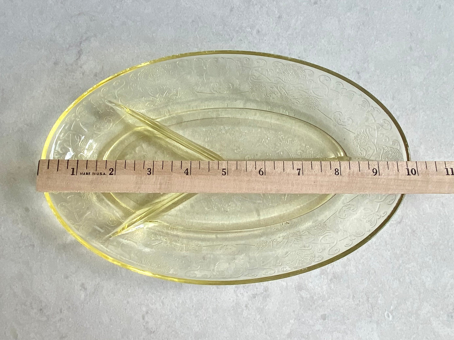 Vintage Hazel Atlas Florentine 2 Yellow Poppy Oval Divided Three-Part Relish / Condiment Dish (circa 1932 - 1935)