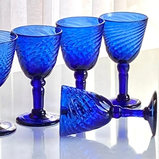 Vintage Hand Blown Cobalt Blue Swirl Glasses - Set of 5