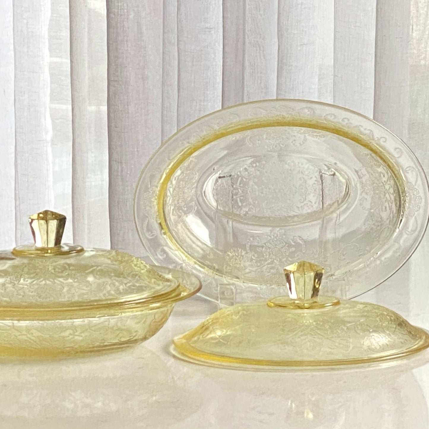 Vintage Hazel Atlas Florentine 2 Yellow Poppy Oval Serving Bowls with Lids (circa 1932 - 1935) - Two Available