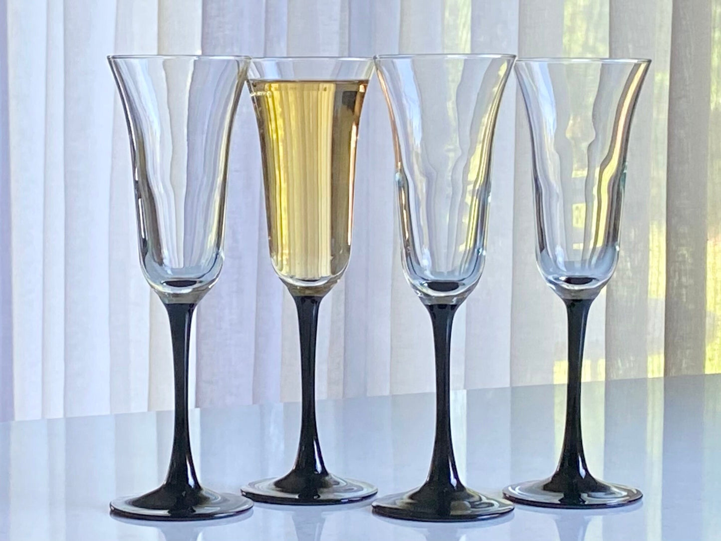 Vintage Cristal d'Arques-Durand American Black Stem Fluted Glasses - Set of 4 (Set #4001A)
