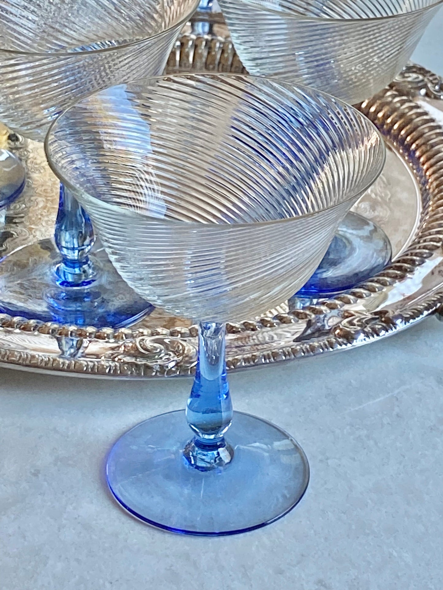 Vintage HC Fry Blue Stemmed Optic Spiral Glasses - Set of 10