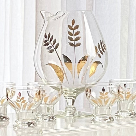 Vintage Cera Glass Gold Wheat Leaf Pitcher and Five (5) Glasses