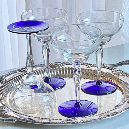 Vintage Weston Louie Cobalt Blue Footed Etched Glasses - Set of 4