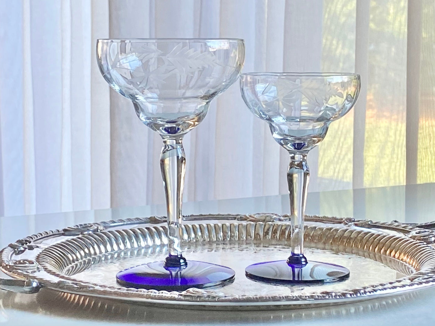 Vintage Weston Louie Cobalt Blue Footed Etched Glasses - Set of 6