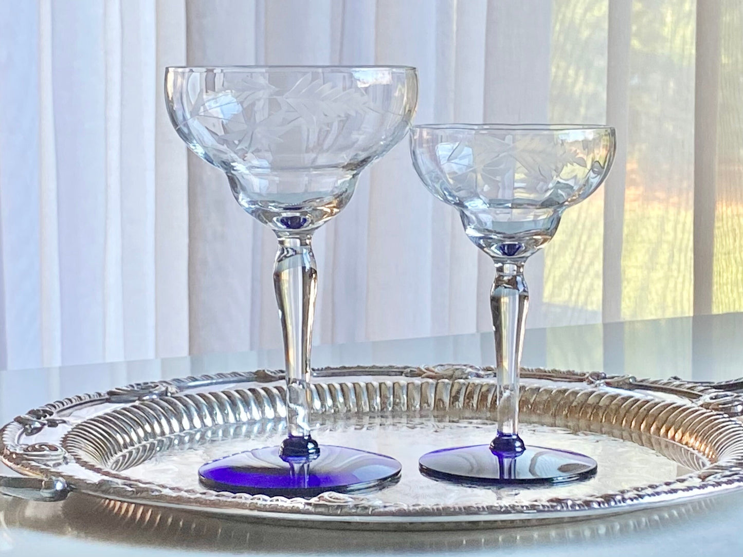 Vintage Weston Louie Cobalt Blue Footed Etched Glasses - Set of 4