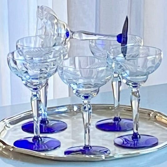 Vintage Weston Louie Cobalt Blue Footed Etched Glasses - Set of 6