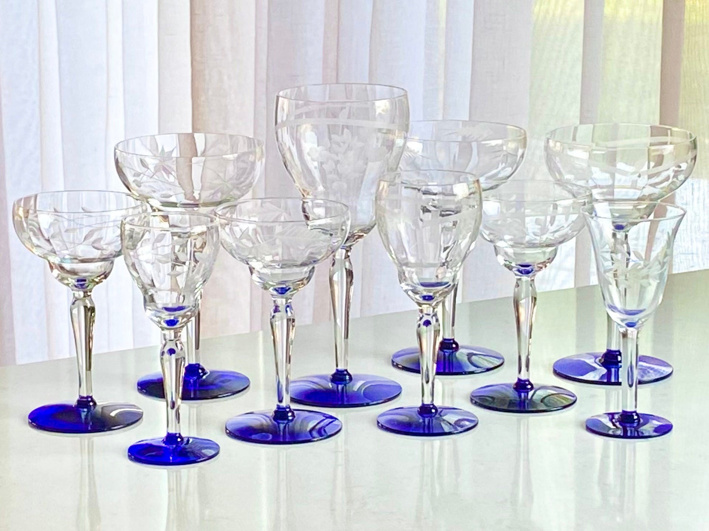 Vintage Weston Louie Cobalt Blue Footed Etched Glasses - Set of 6