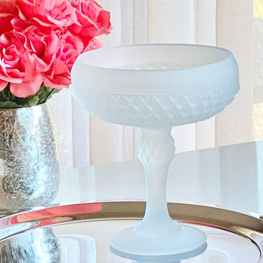 Vintage Indiana Glass Frosted Diamond Point Pedestal Dish for sale by Noble Estates Vintage.