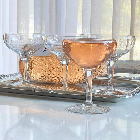 Vintage Grape and Vine Etched Champagne Coupes - Set of 4