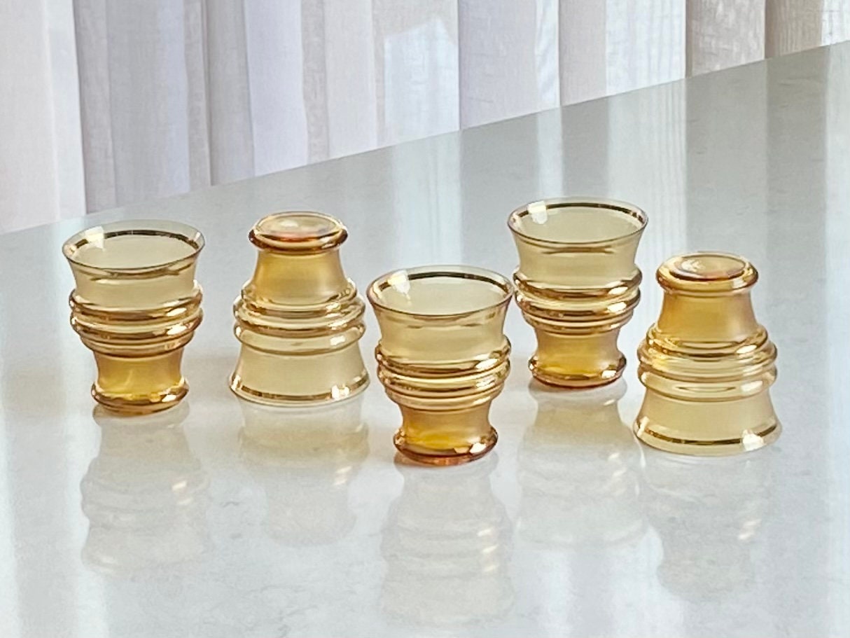 Vintage Amber Decanter and Five (5) Glasses