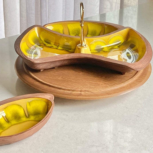 Vintage California Pottery Sequoia Ware Serving Set with Lazy Susan (5 pieces total)