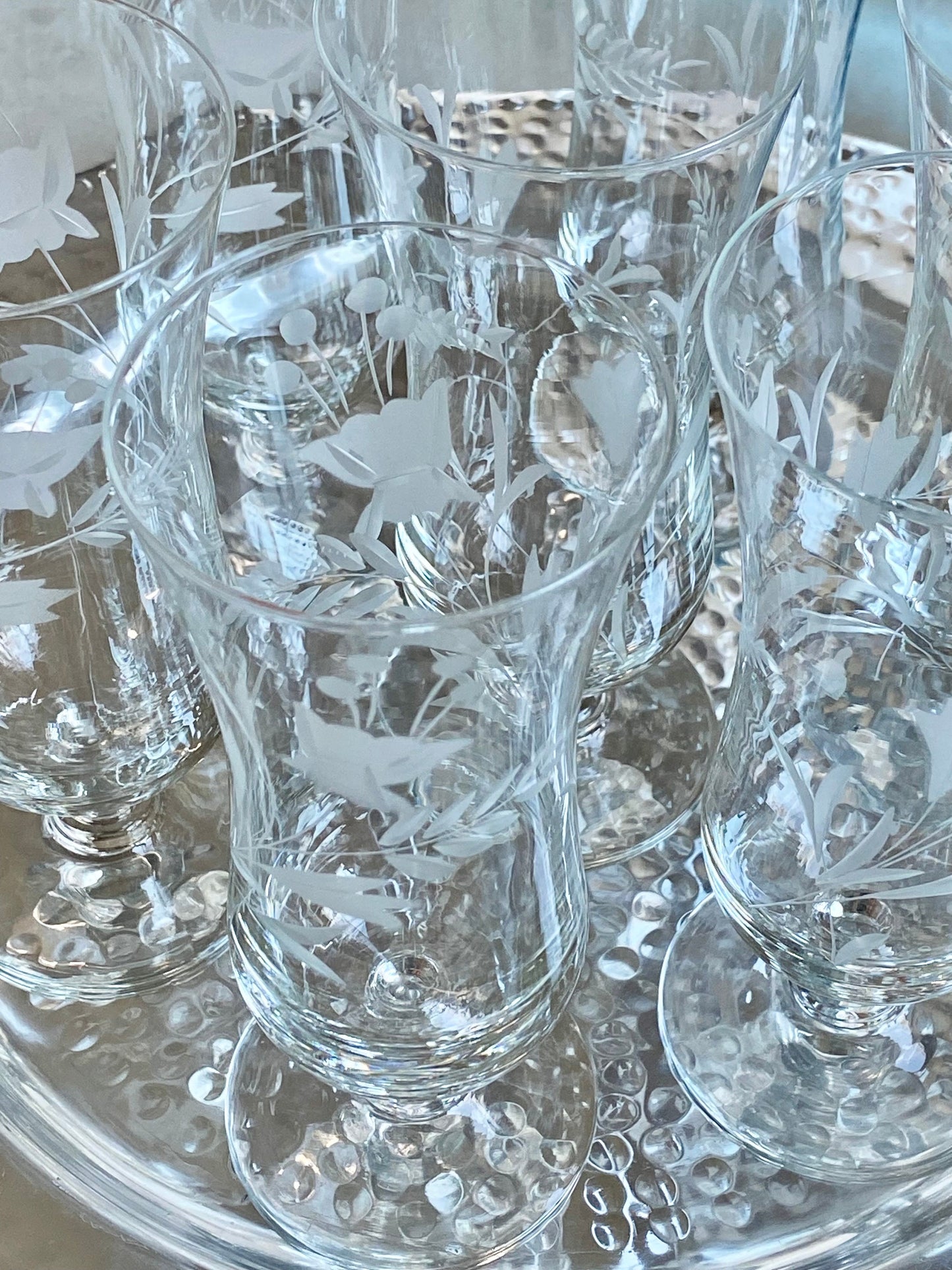 Vintage Etched Footed Glasses - Set of 8