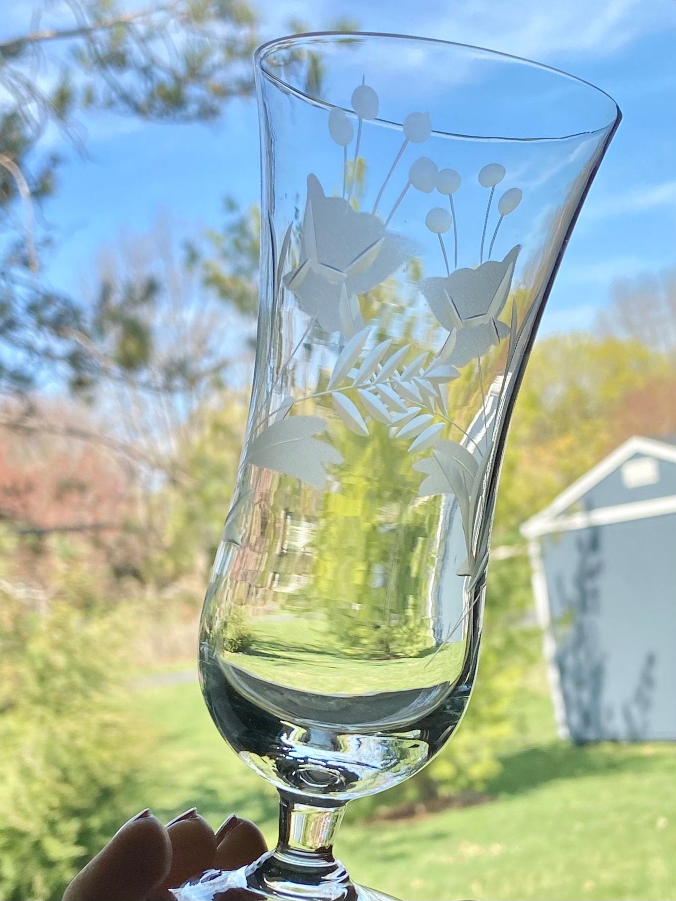 Vintage Etched Footed Glasses - Set of 8