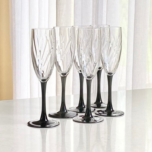 Vintage Optic Swirl Black Stem Champagne Flutes - Set of 6