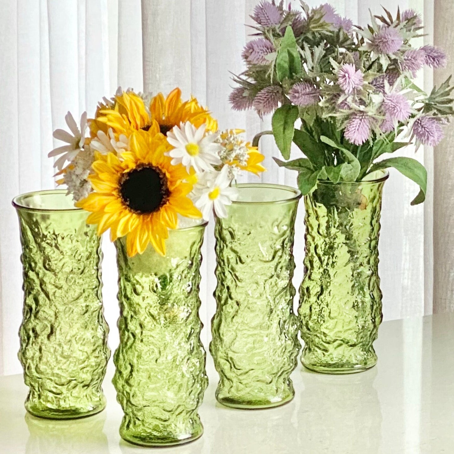 Vintage E.O. Brody Avocado Green Crinkle Vases - Set of 4