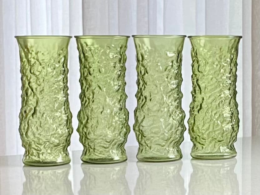 Vintage E.O. Brody Avocado Green Crinkle Vases - Set of 4