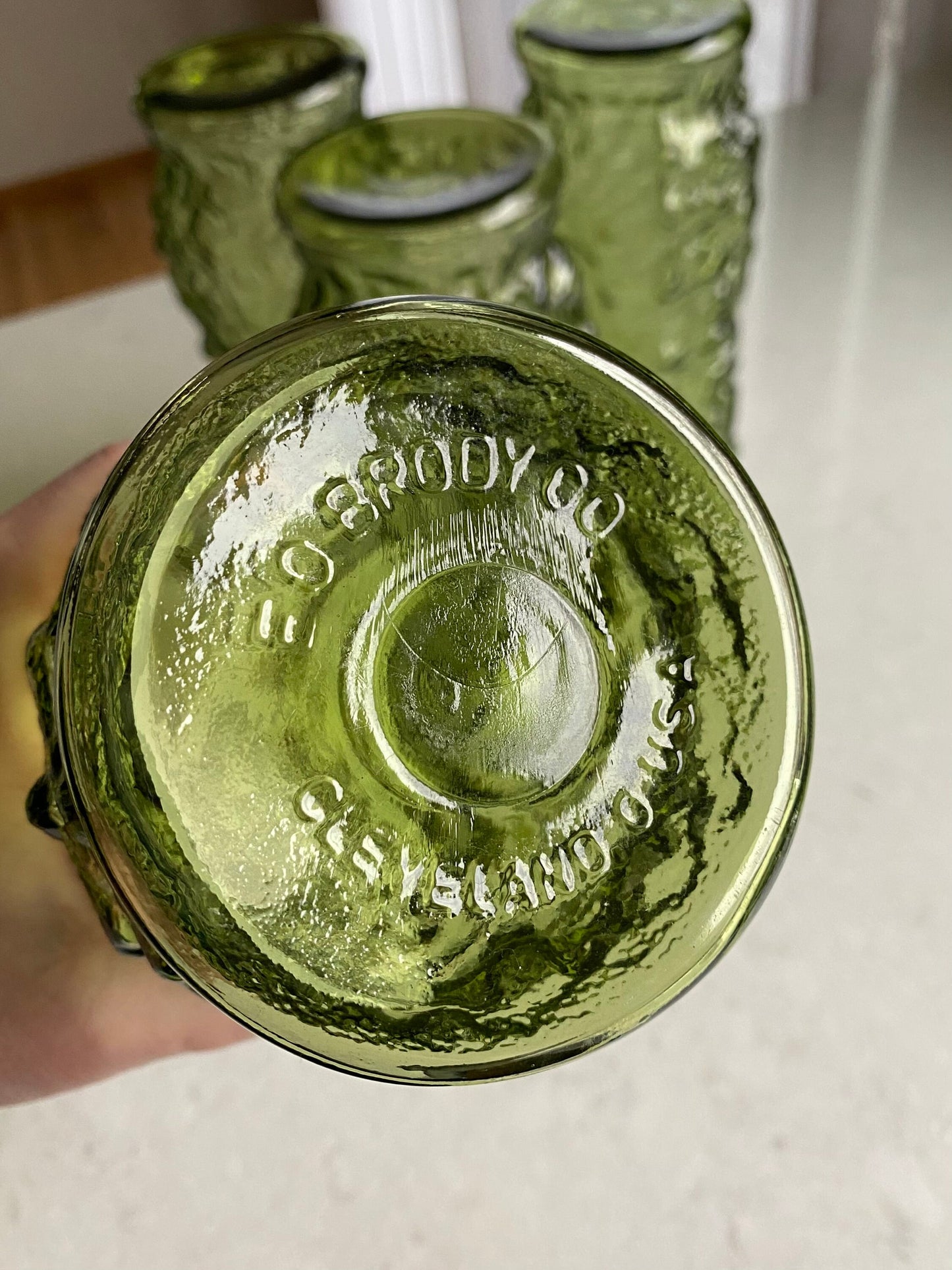 Vintage E.O. Brody Avocado Green Crinkle Vases - Set of 4