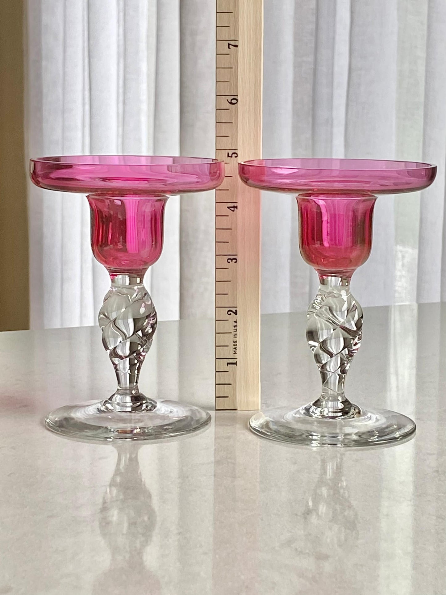 Vintage Cranberry Glass Twisted Stem Candle Holders