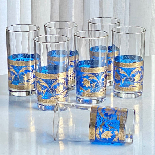 Vintage Cobalt Blue and Gold MCM Highball Glasses - Set of 7