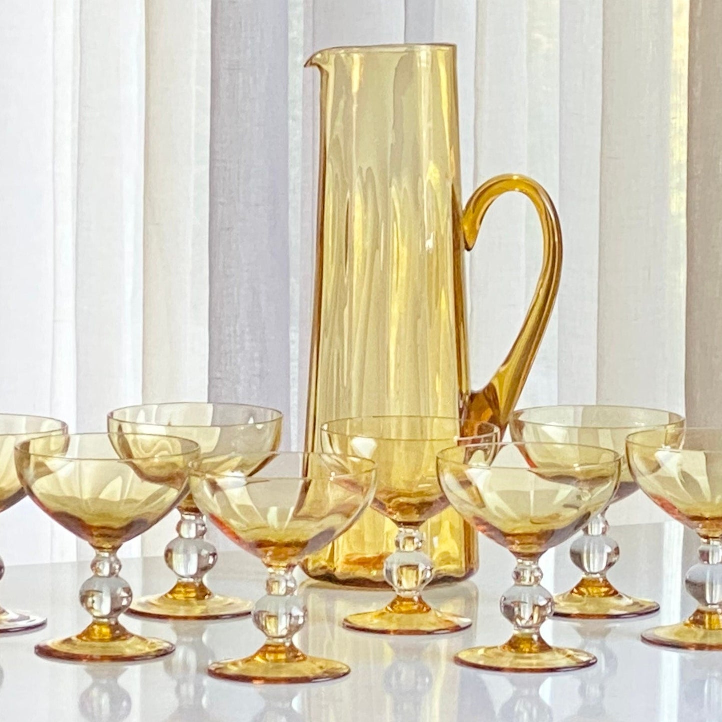 Vintage MCM Amber Pitcher and Eight (8) Ball Stem Glasses