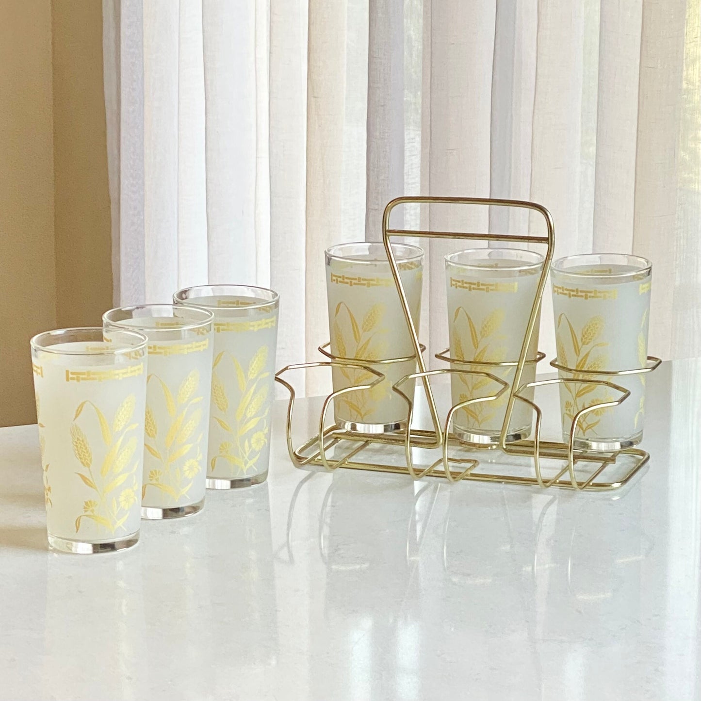 Vintage Golden Wheat Set of 6 Frosted Glasses with Carrier Caddy