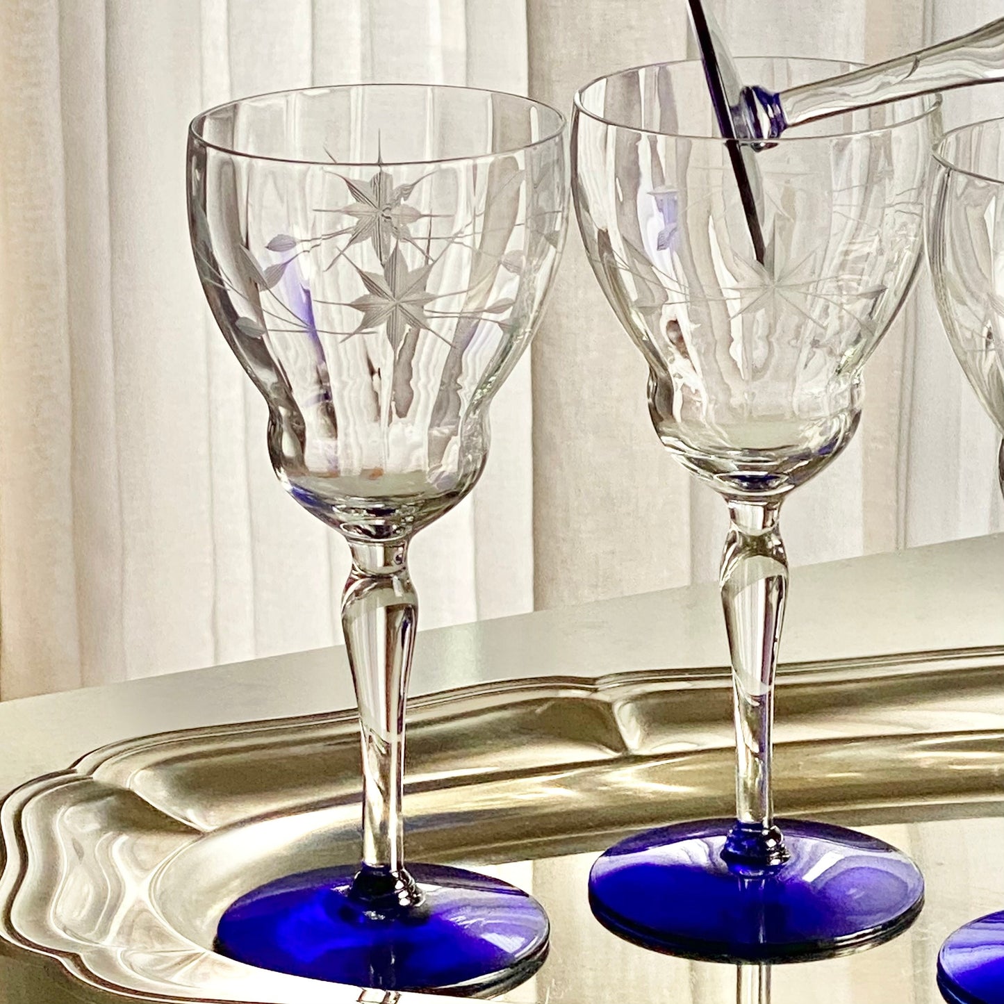 Vintage Weston Louie Cobalt Blue Footed Etched Glasses - Set of 10