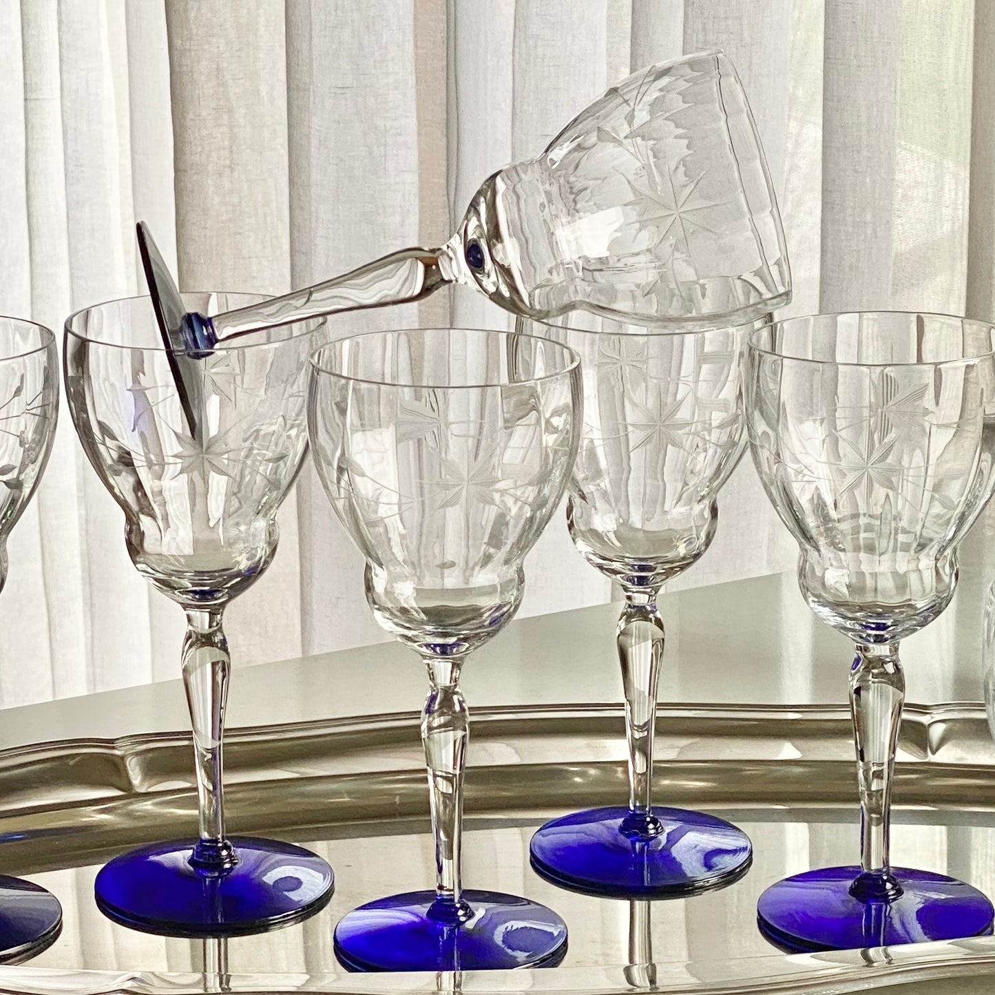 Vintage Weston Louie Cobalt Blue Footed Etched Glasses - Set of 10