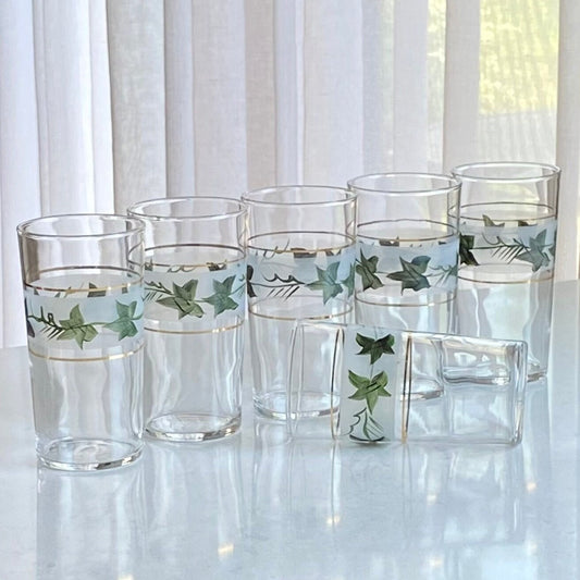 Vintage Hand Painted Ivy Vine Glasses - Set of 6
