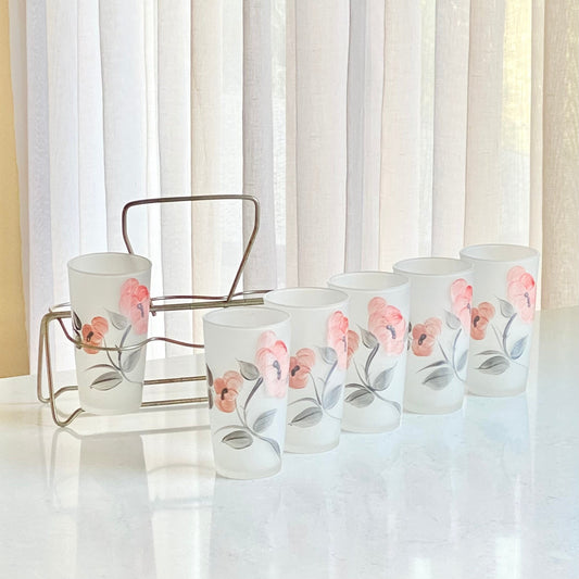 Vintage Hand Painted Set of Six (6) Frosted Glasses with Carrier Caddy