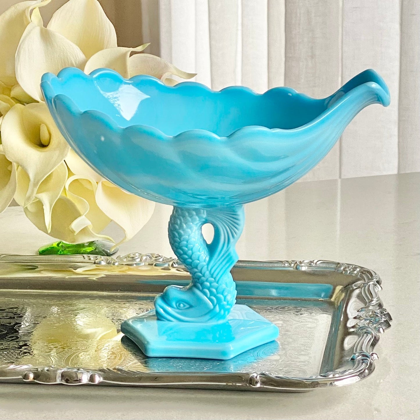 Vintage Westmoreland Blue Koi / Dolphin Shell Pedestal Dish