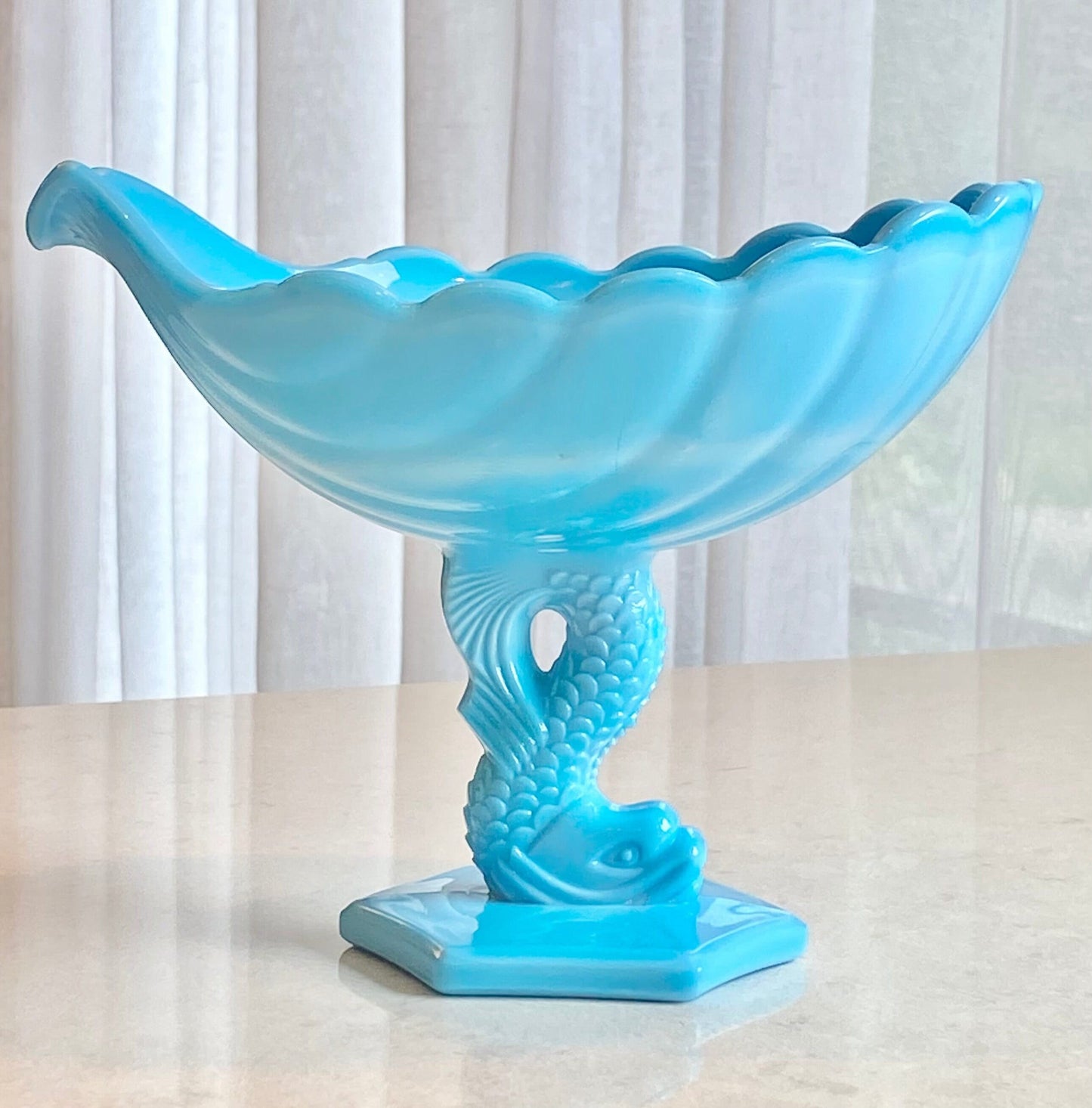 Vintage Westmoreland Blue Koi / Dolphin Shell Pedestal Dish