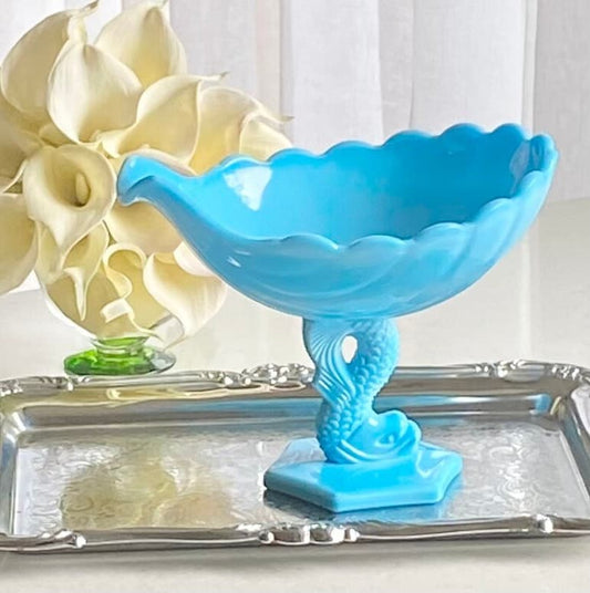 Vintage Westmoreland Blue Koi / Dolphin Shell Pedestal Dish