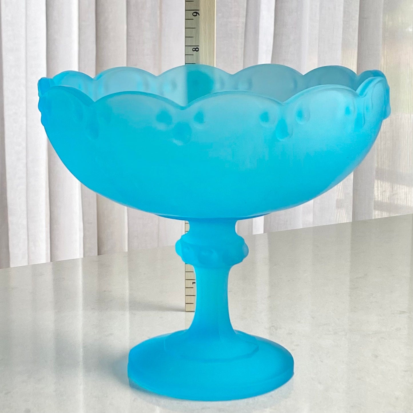 Vintage Indiana Glass Teal Blue Satin Frosted Garland Pedestal Bowl / Compote