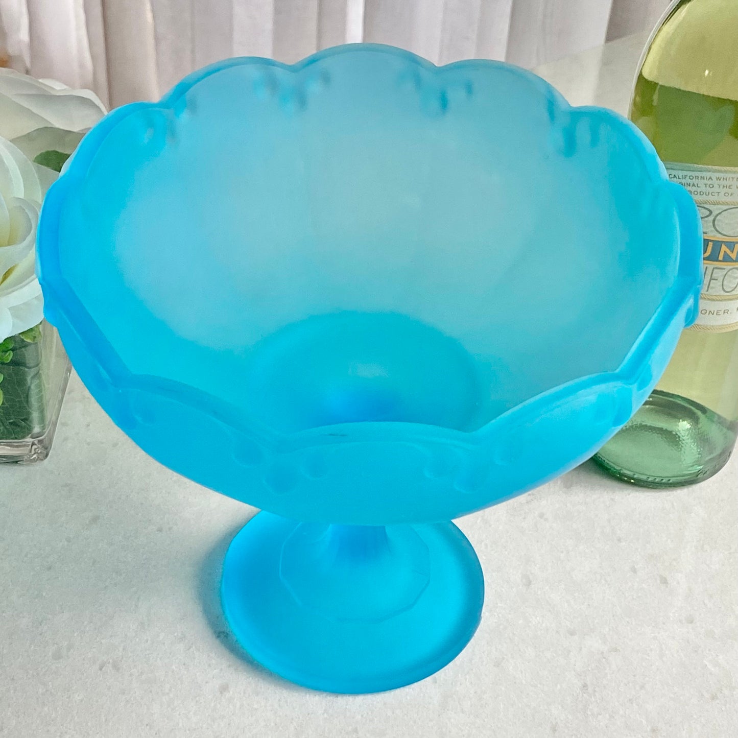 Vintage Indiana Glass Teal Blue Satin Frosted Garland Pedestal Bowl / Compote