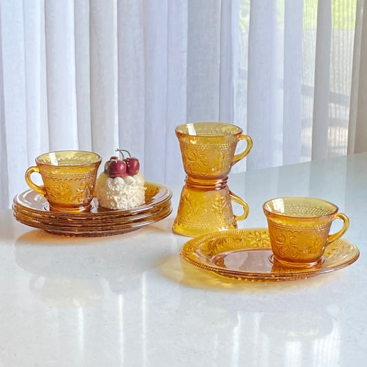 Vintage Tiara Glass Amber Chantilly Snack Sets (circa 1971 - 1989) - 8 pieces total, 4 plates and 4 cups