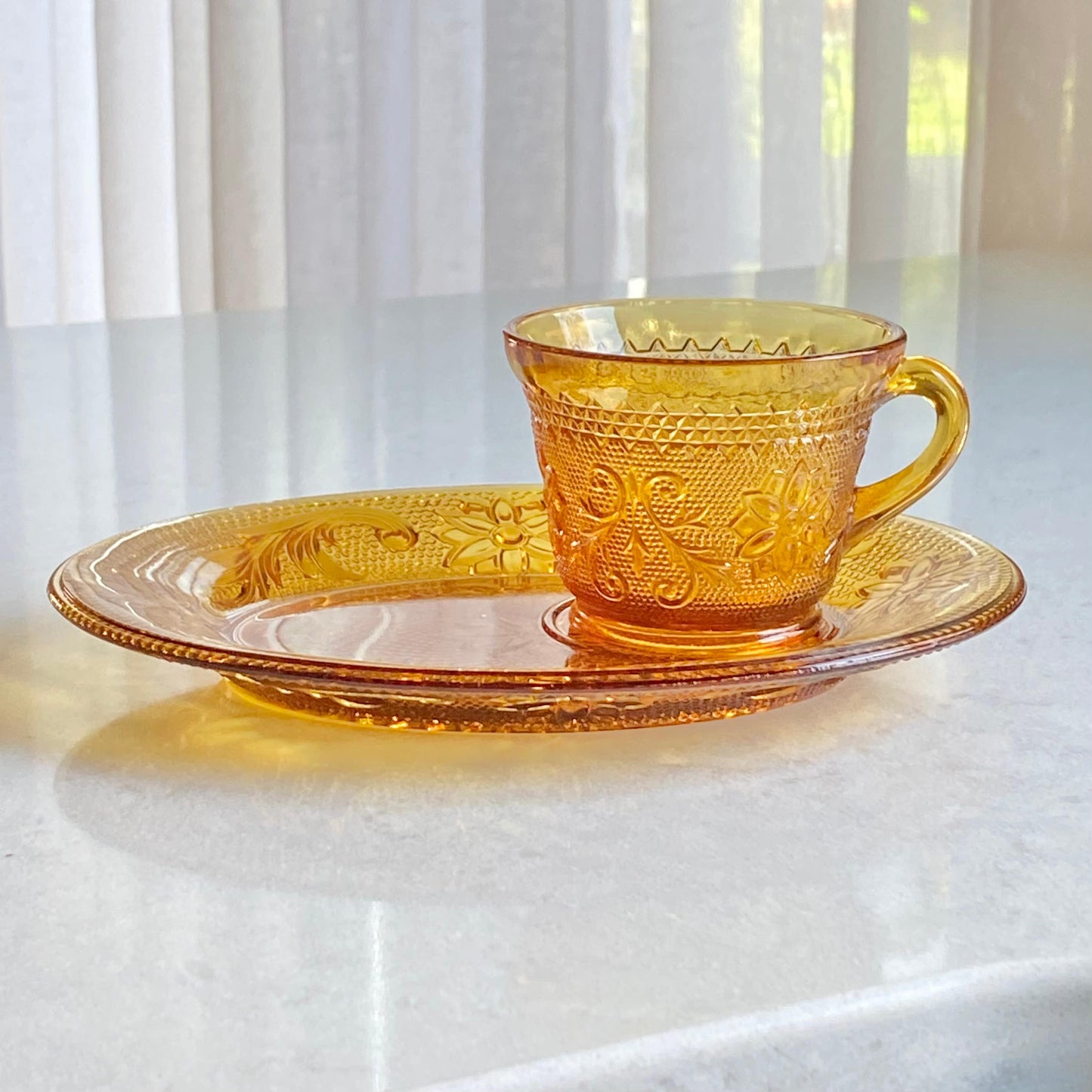 Vintage Tiara Glass Amber Chantilly Snack Sets (circa 1971 - 1989) - 8 pieces total, 4 plates and 4 cups
