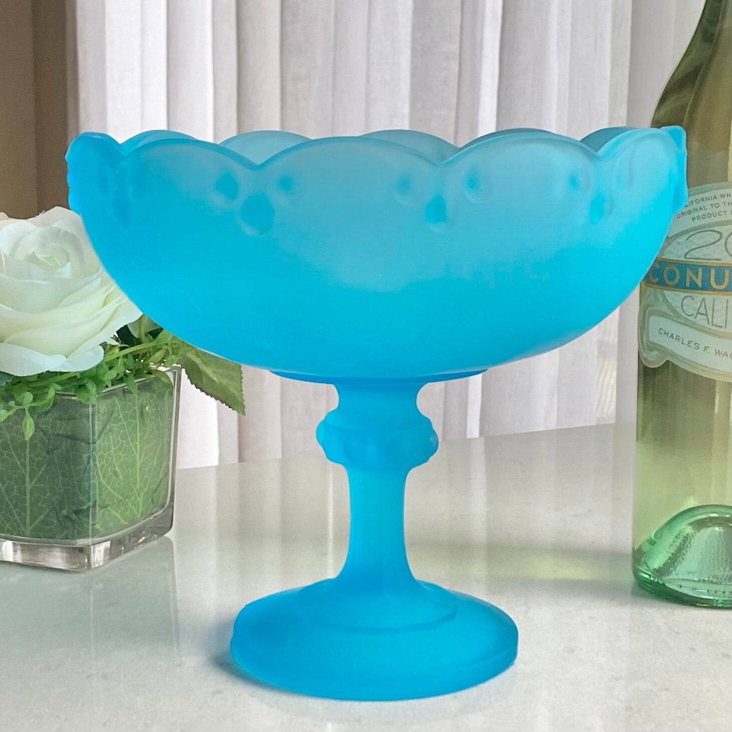 Vintage Indiana Glass Teal Blue Satin Frosted Garland Pedestal Bowl / Compote