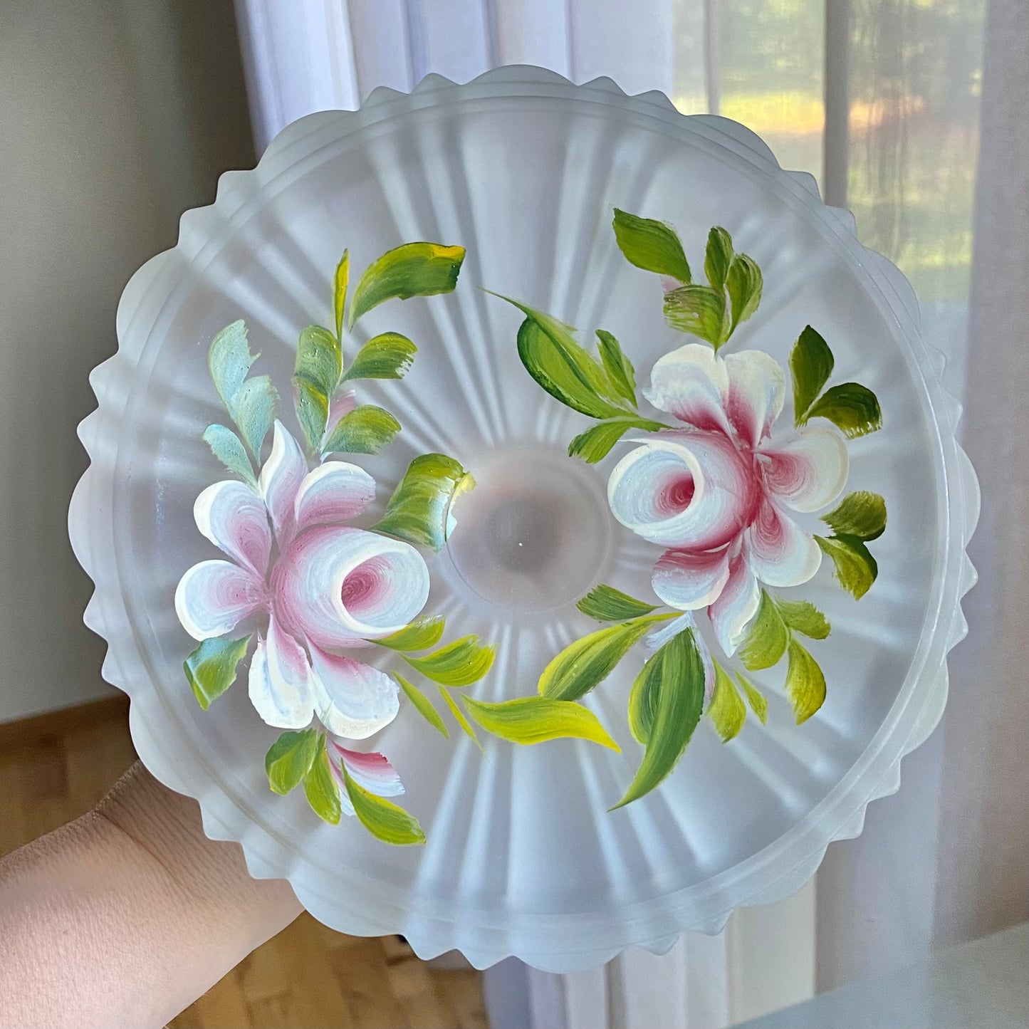 Vintage Hand Painted Satin Frosted Glass Bowl with LId