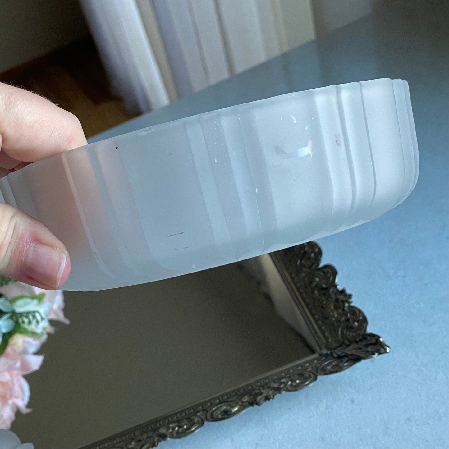 Vintage Hand Painted Satin Frosted Glass Bowl with LId