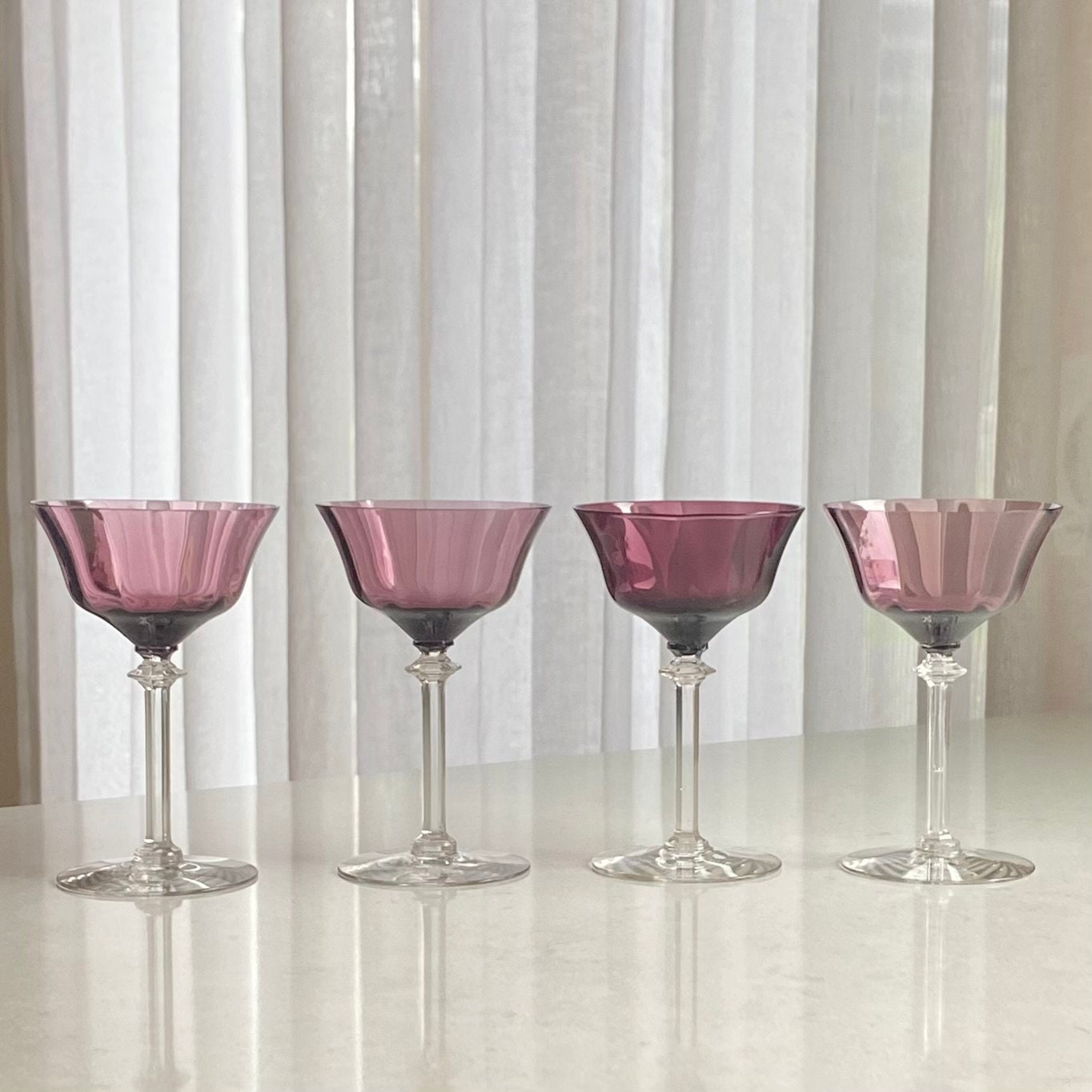 Vintage Purple Optic Ribbed Glasses - Set of 4