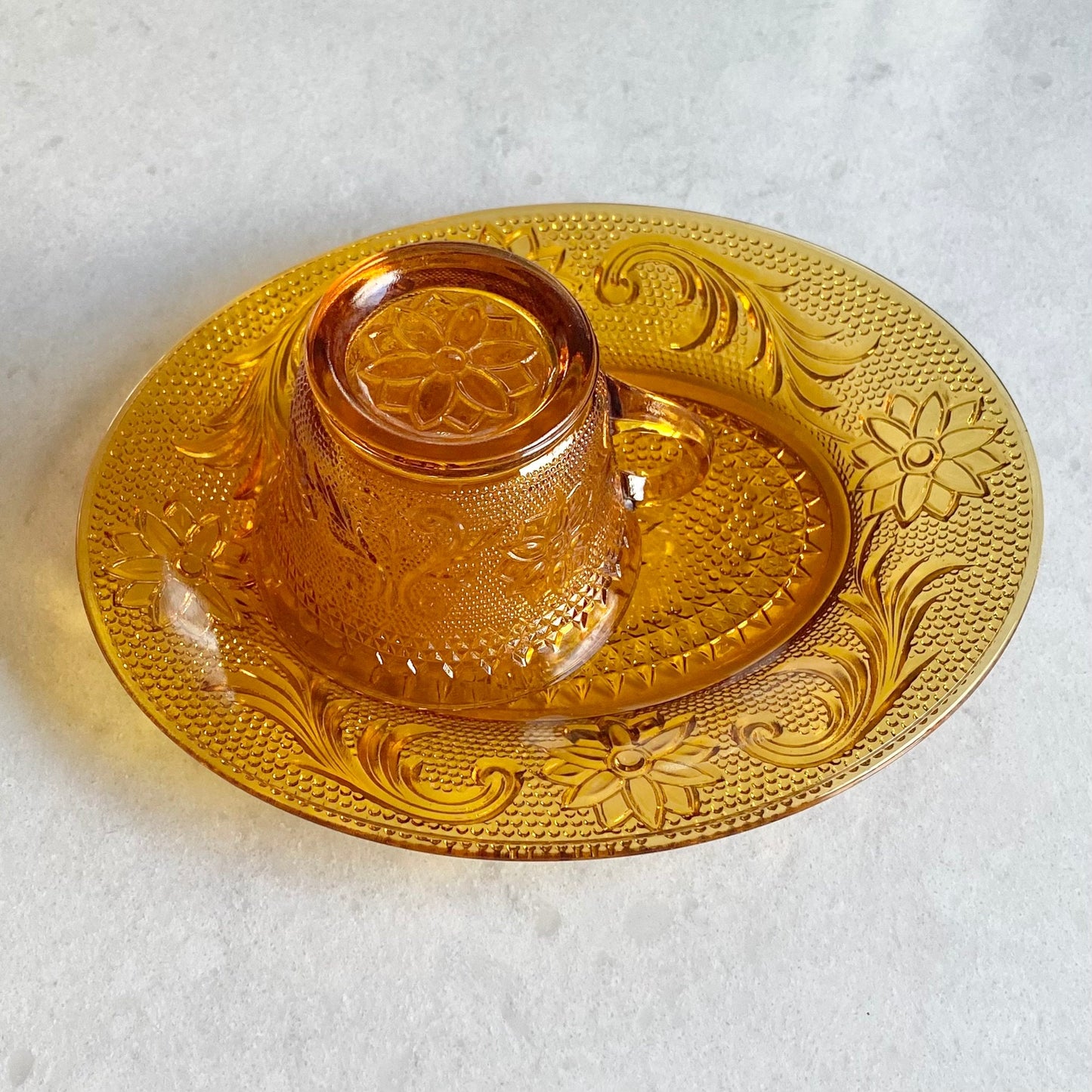 Vintage Tiara Glass Amber Chantilly Snack Sets (circa 1971 - 1989) - 8 pieces total, 4 plates and 4 cups