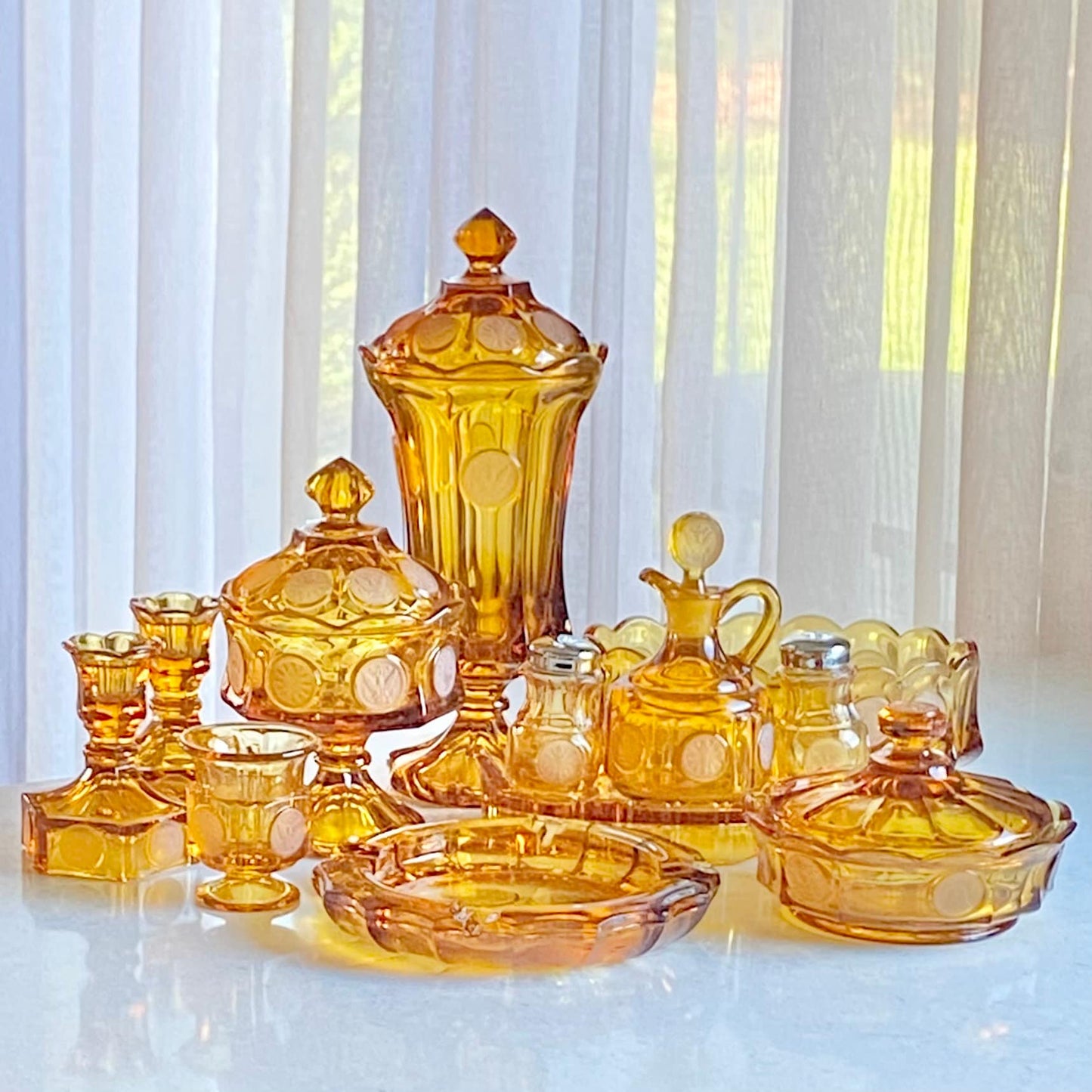 Vintage Fostoria Coin Glass Amber Candlestick Holders (circa 1958 - 1982) - Set of 2