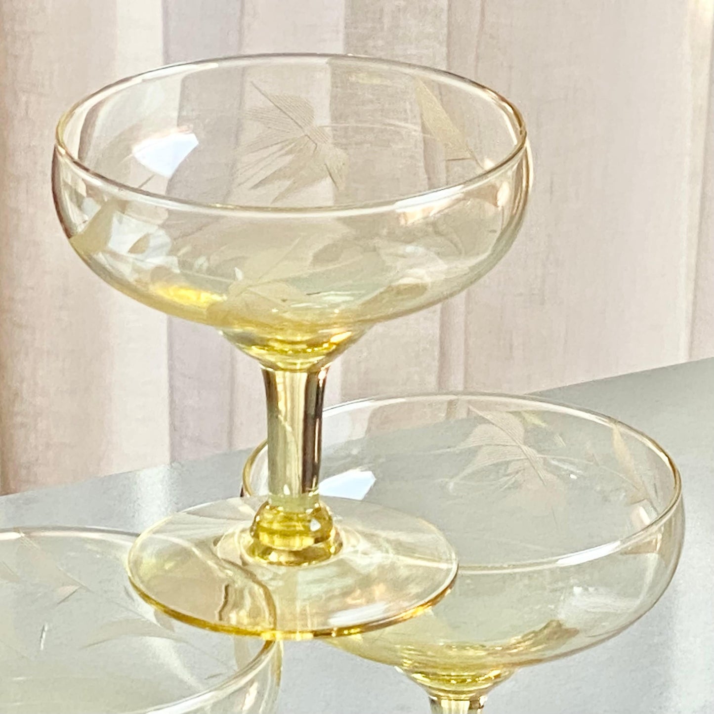 Vintage Topaz Yellow Etched Glasses - Set of 4