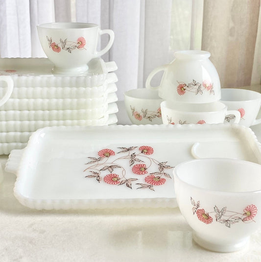 Vintage Anchor Hocking Fleurette Snack Sets (circa 1959 - 1960) - 16 pieces total, 8 plates and 8 cups